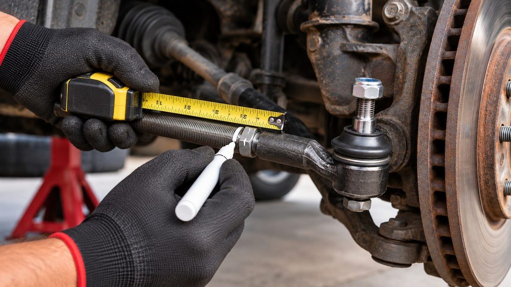 Mechanic measuring and marking the outer tie rod end position before removal