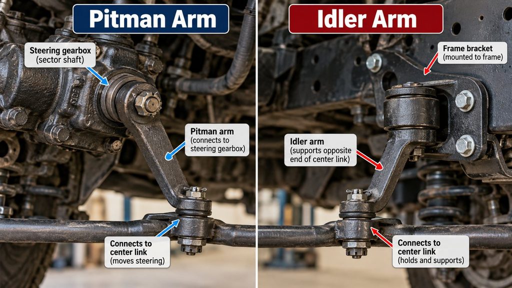 Pitman arm vs idler arm close-up comparison showing the steering gearbox side and the frame-mounted support side