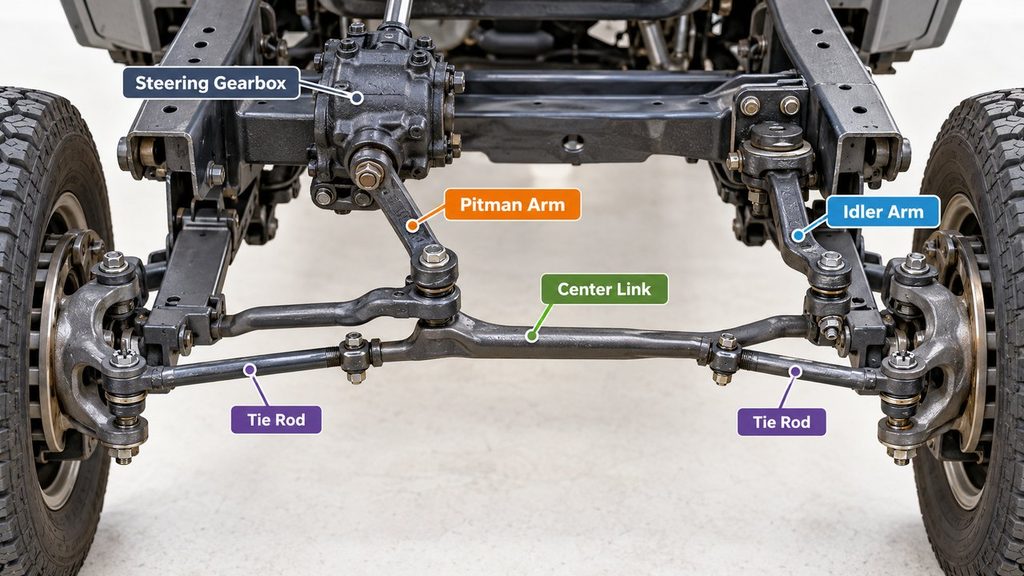 Pitman arm and idler arm steering linkage diagram showing steering gearbox, center link and tie rods