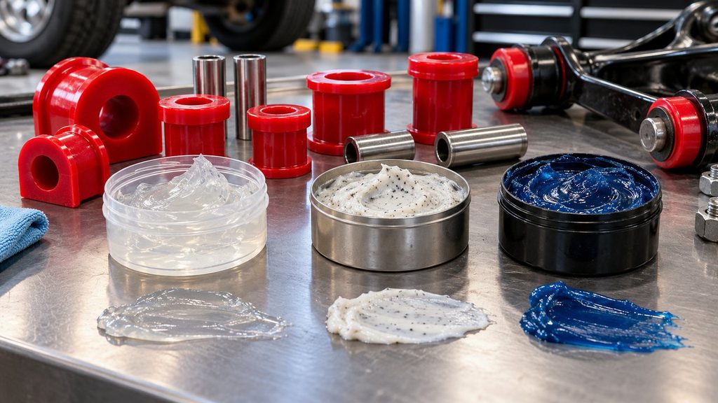 Comparison of grease types for polyurethane bushings with red suspension bushings and metal sleeves