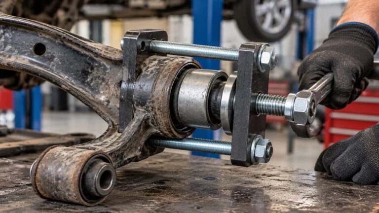Mechanic removing a control arm bushing without a hydraulic press using a threaded-rod puller