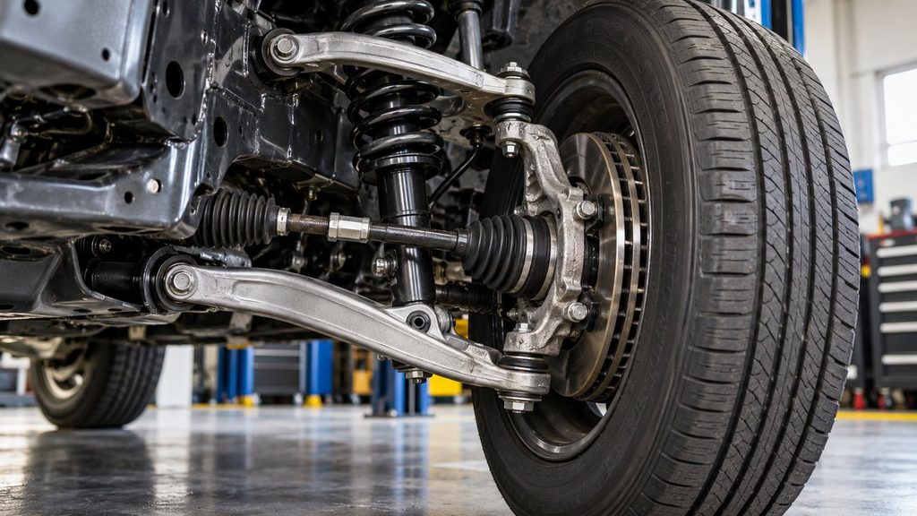 Front suspension geometry showing control arms, tie rod and steering knuckle
