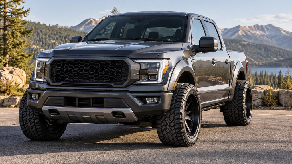 Truck with wide aftermarket wheels showing altered wheel position and scrub radius