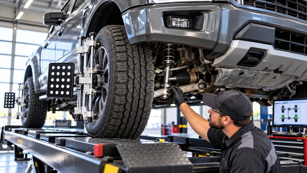 Wheel alignment check showing how steering axis inclination is measured in a workshop