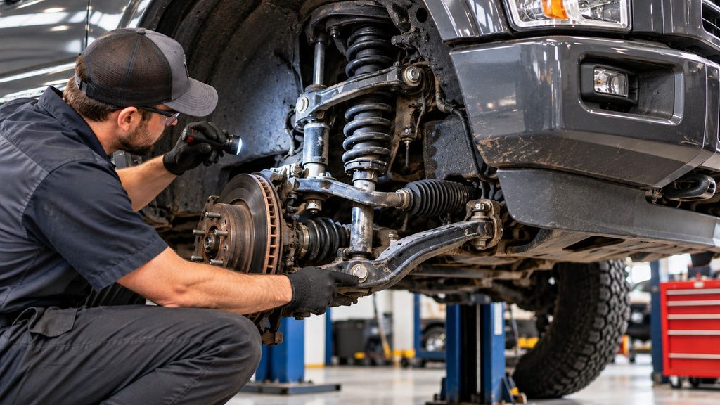Mechanic inspecting front suspension components that can affect steering axis inclination