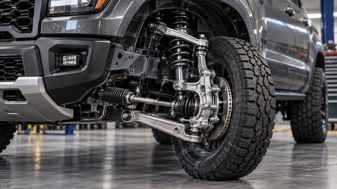 Front suspension and steering knuckle of a truck illustrating steering axis inclination geometry