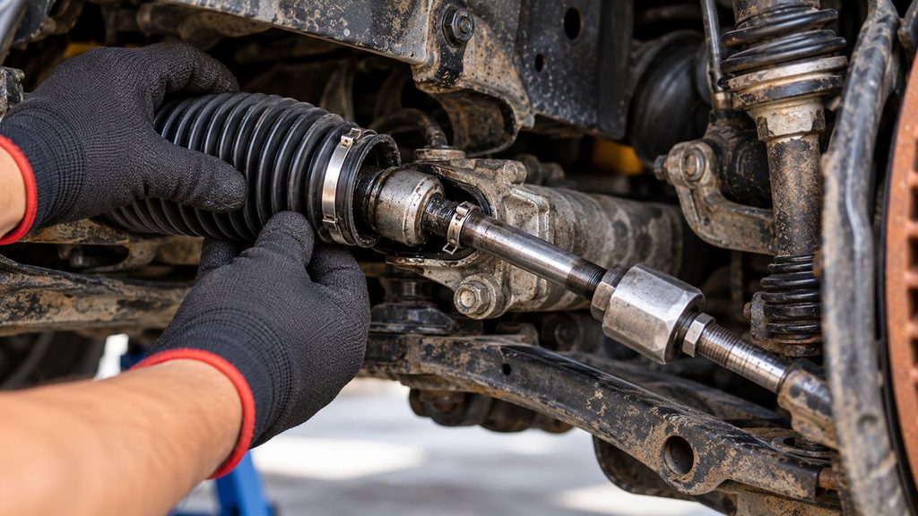 Mechanic removing steering rack rubber boot to access the inner tie rod joint
