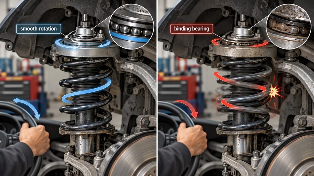 Comparison of smooth upper strut bearing rotation and a binding bearing causing coil spring wind-up