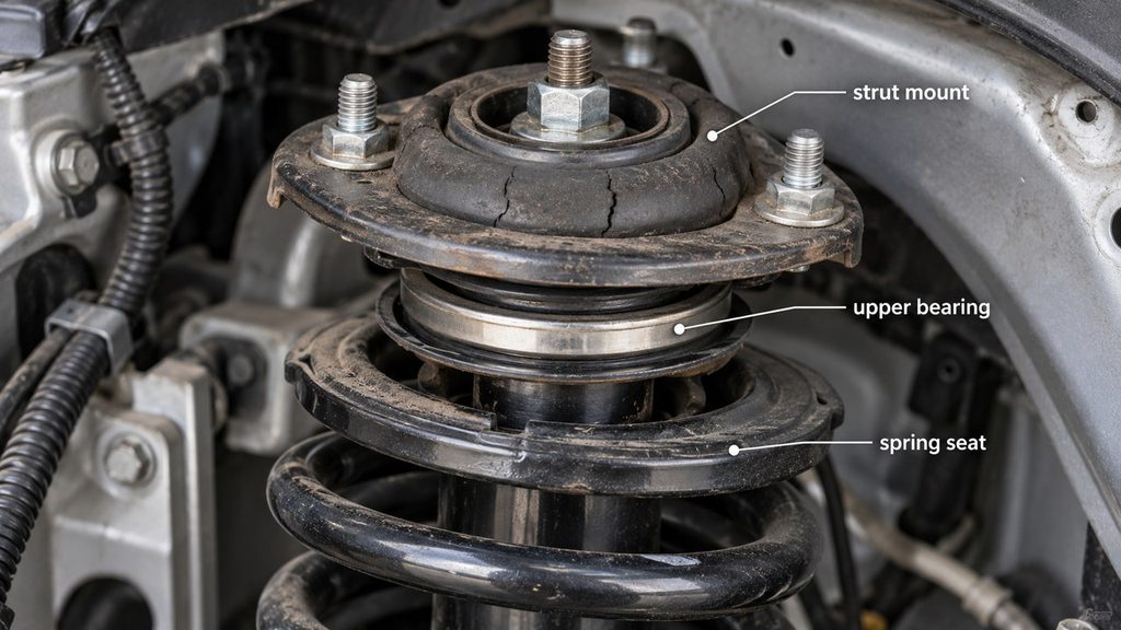 Upper MacPherson strut mount, bearing and spring seat identified in a front suspension assembly