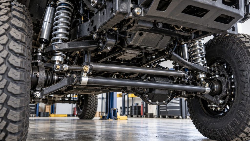 Suspension lift components under a lifted pickup truck