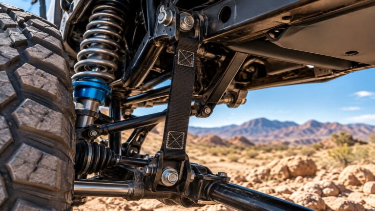 Suspension limit strap on an off-road vehicle with coilover and CV axle
