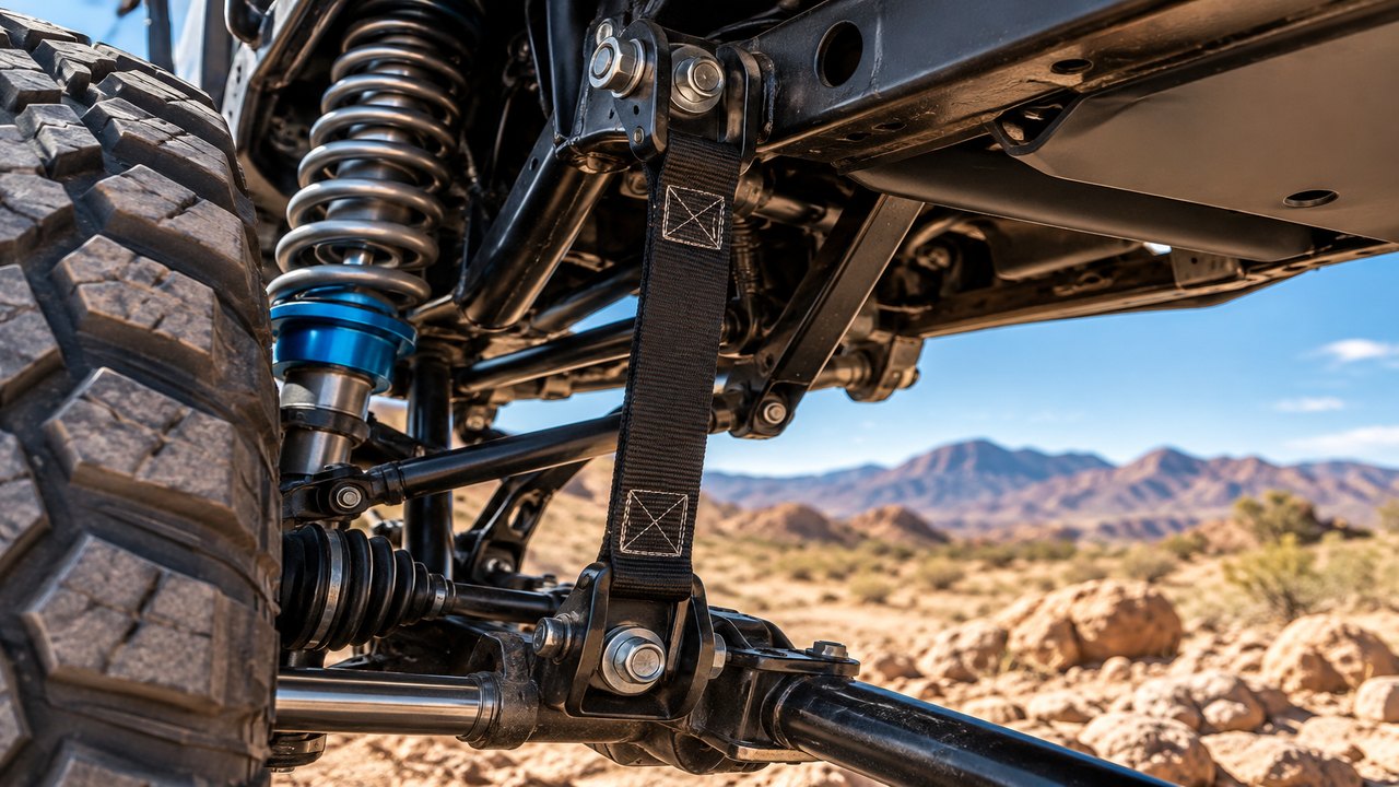 Suspension limit strap on an off-road vehicle with coilover and CV axle