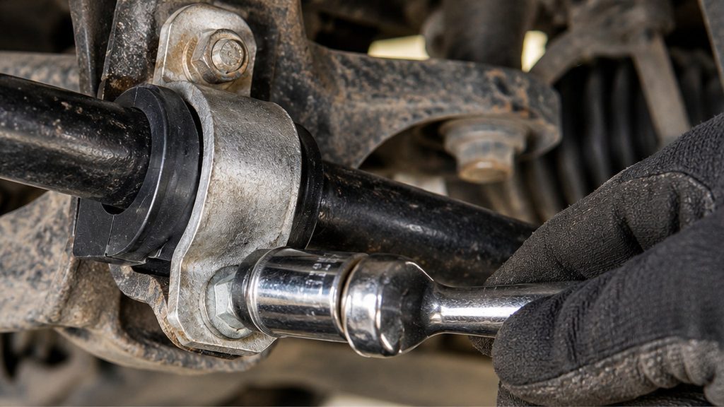 Mechanic using a socket wrench to remove a sway bar bushing mounting bracket