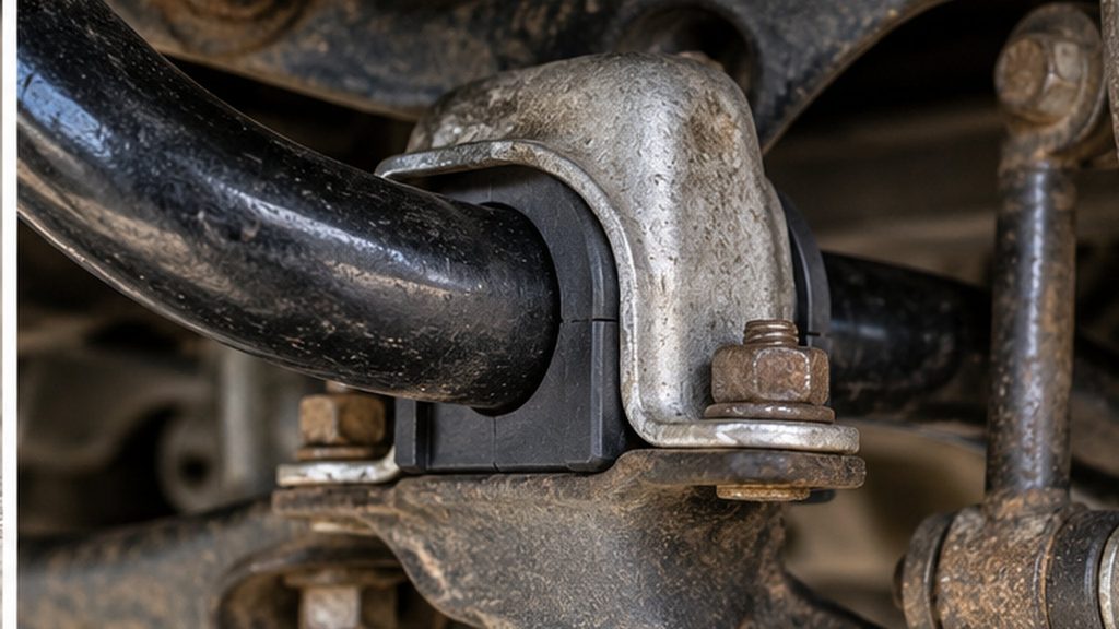New rubber sway bar bushing seated inside its metal mounting bracket