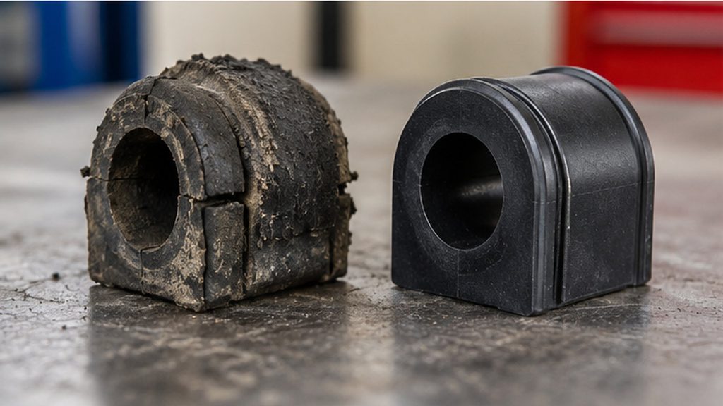 Worn cracked sway bar bushing next to a new replacement rubber bushing
