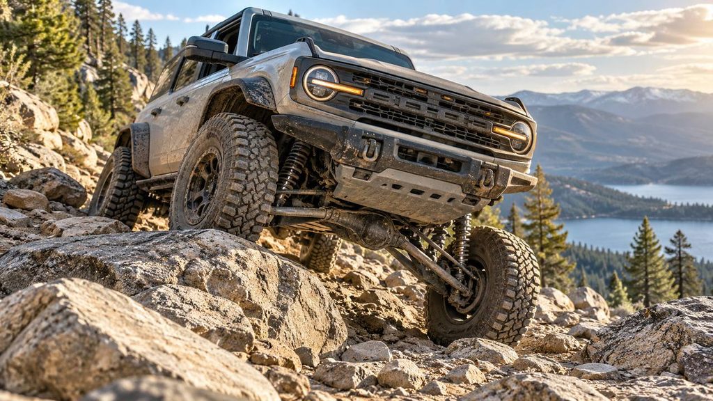 Off-road SUV showing increased suspension articulation over rocks
