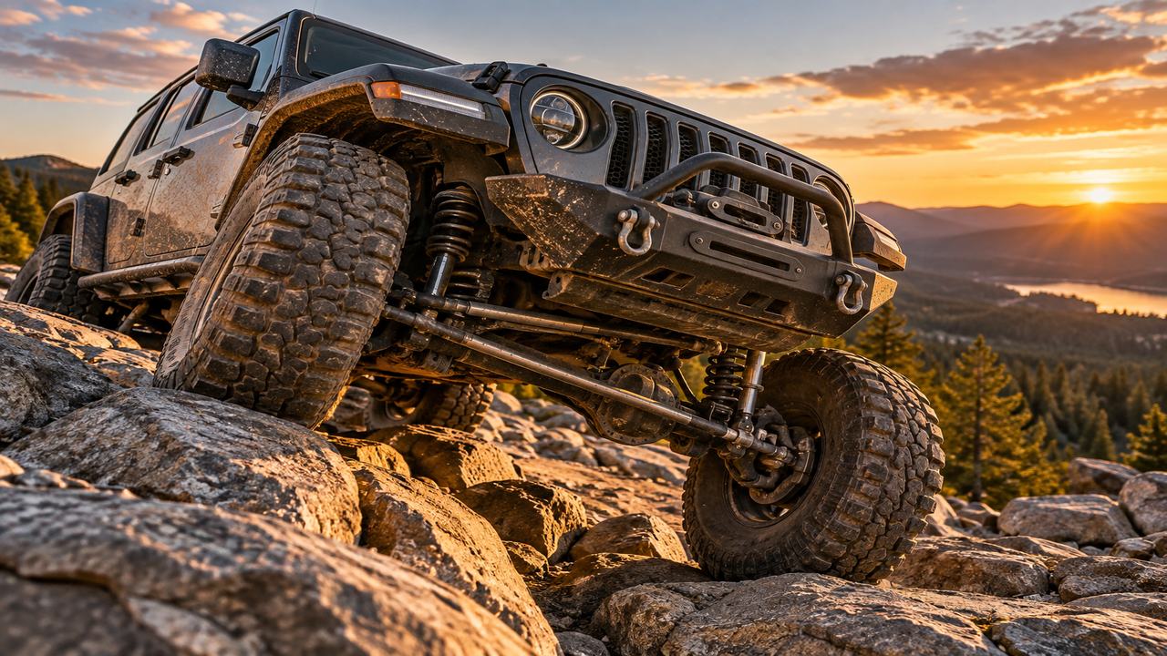 Off-road SUV with sway bar disconnected for increased suspension articulation