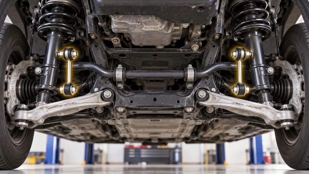 Front suspension underside showing the sway bar and both sway bar end links