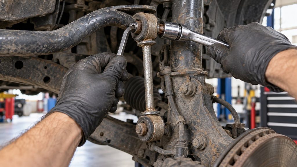 Mechanic holding a spinning sway bar link stud with an Allen key while loosening the nut with a wrench