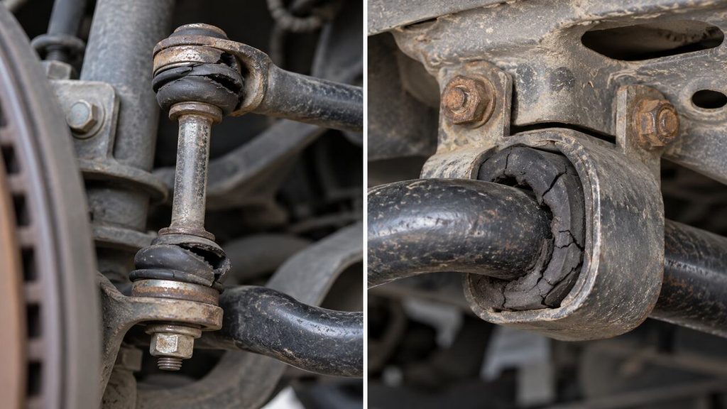 Worn sway bar link next to a cracked sway bar mounting bushing
