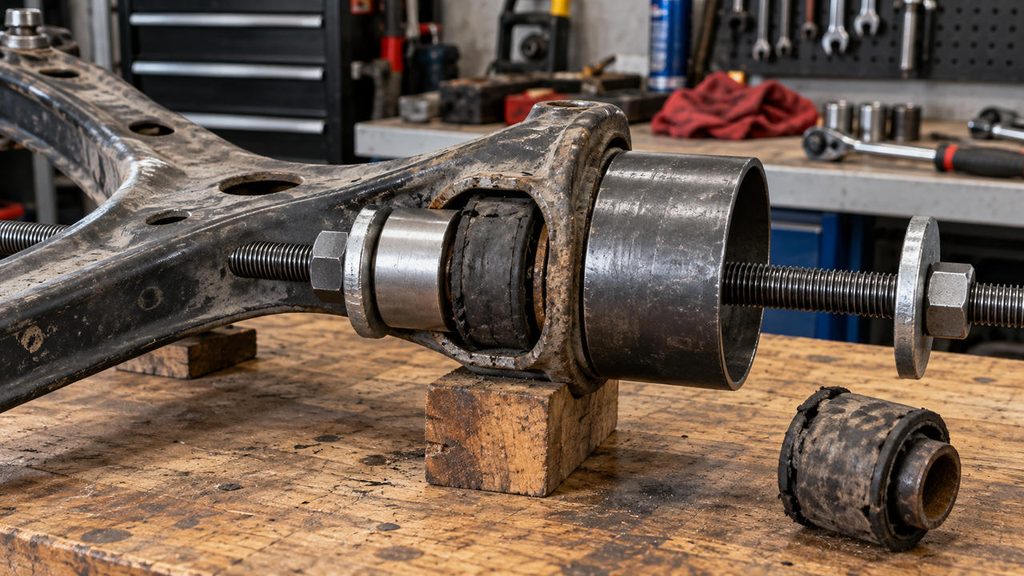 Threaded-rod puller with steel receiving cup removing a worn control arm bushing without a hydraulic press
