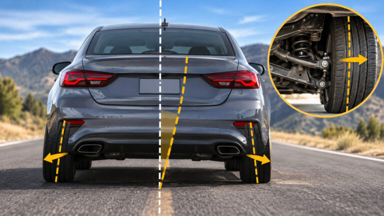 Rear view of a car illustrating thrust angle alignment and rear wheel misalignment