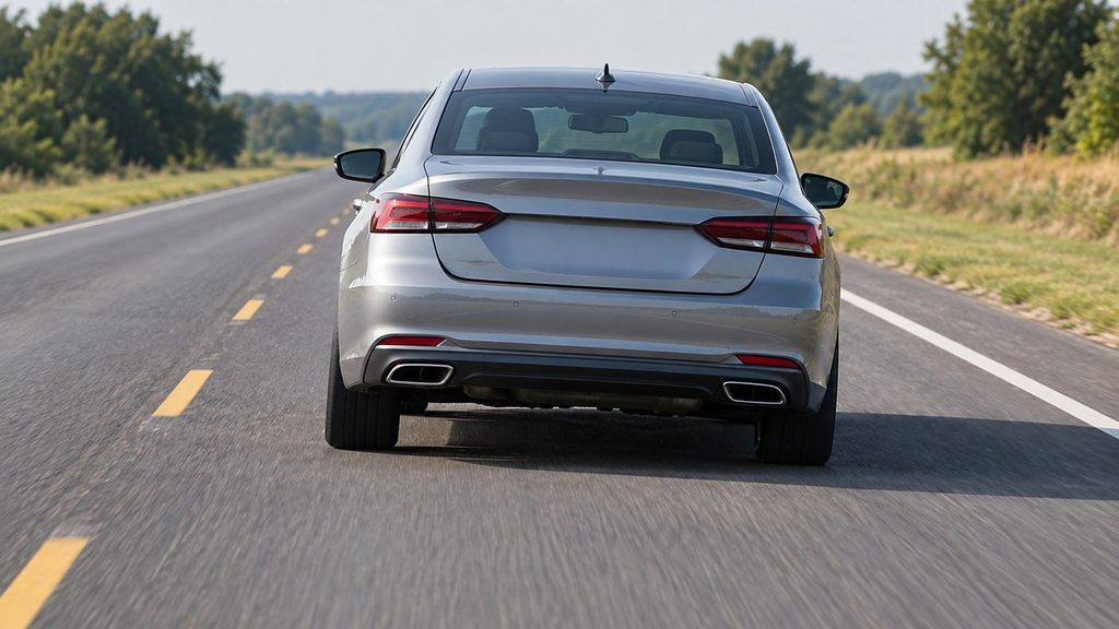 Rear view of a car illustrating dog tracking caused by incorrect thrust angle alignment