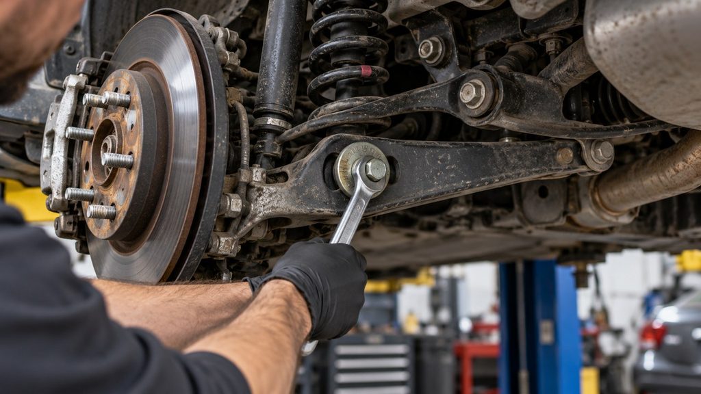 Mechanic adjusting a rear suspension eccentric bolt to correct rear-wheel alignment and thrust angle