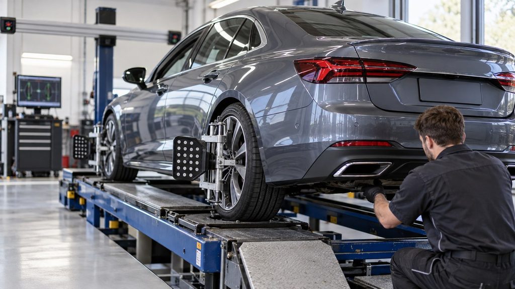 Mechanic checking rear-wheel alignment using professional equipment to measure thrust angle