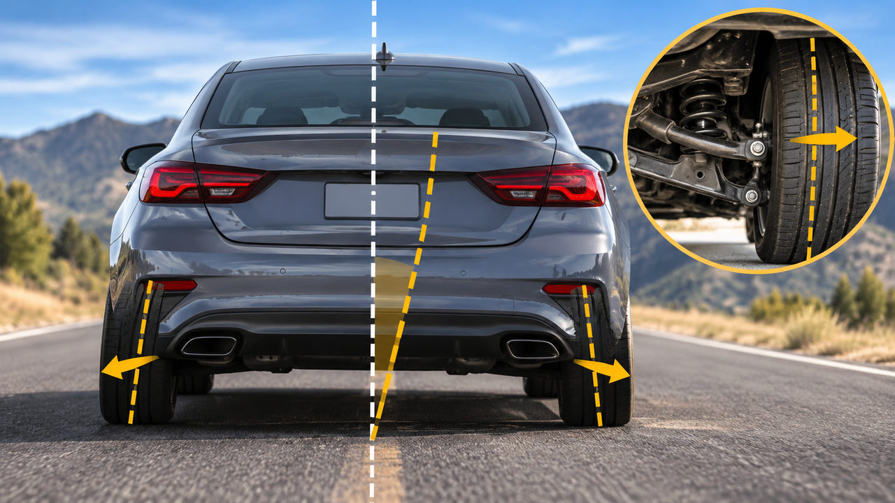 Rear view of a car illustrating thrust angle alignment and rear wheel misalignment