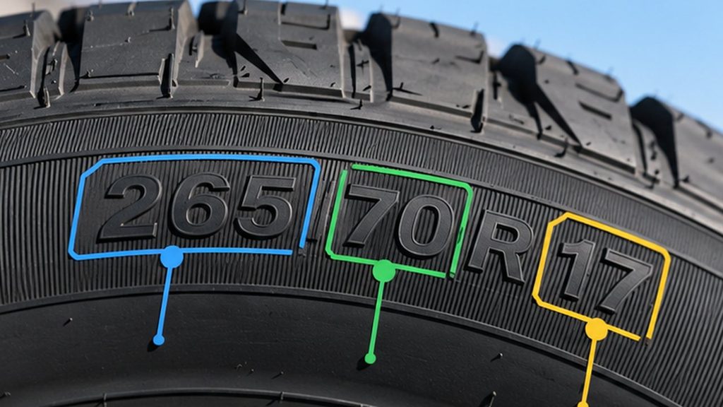 Tire sidewall showing 265/70R17 size markings with width, aspect ratio and wheel diameter highlighted