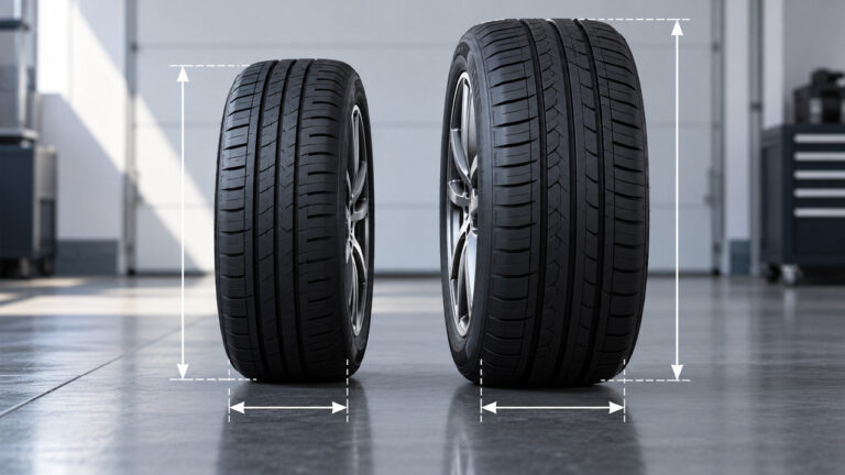 Side-by-side tire size comparison showing two tires with different diameters and widths