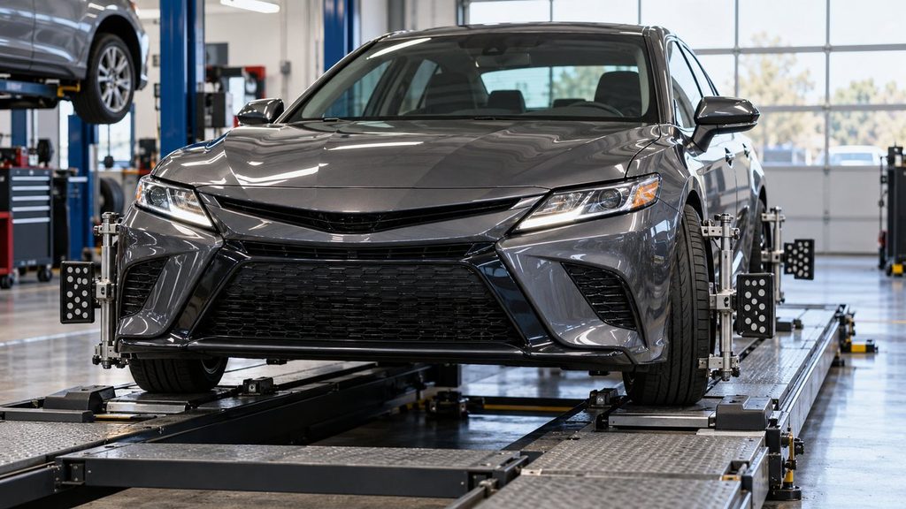 Car on an alignment rack for measuring front toe settings