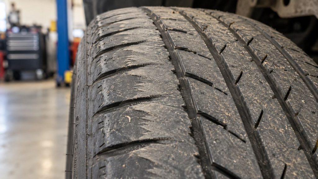 Tire tread showing feathering caused by incorrect toe alignment