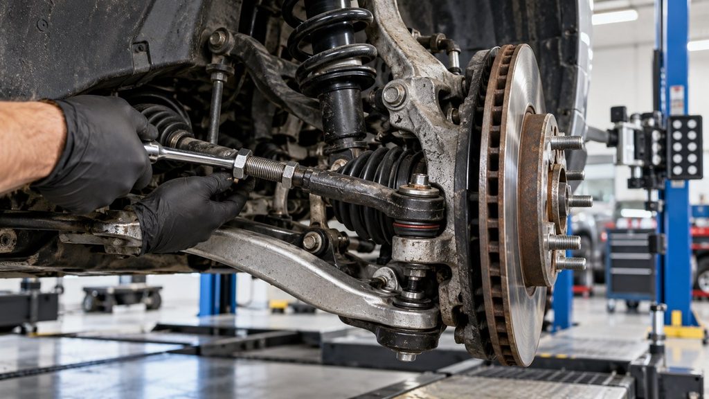 Technician adjusting a tie rod to correct front toe alignment