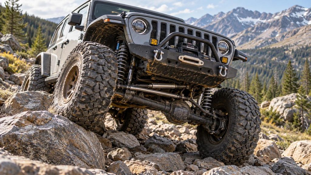 Solid axle off-road vehicle articulating over rocks with a track bar suspension