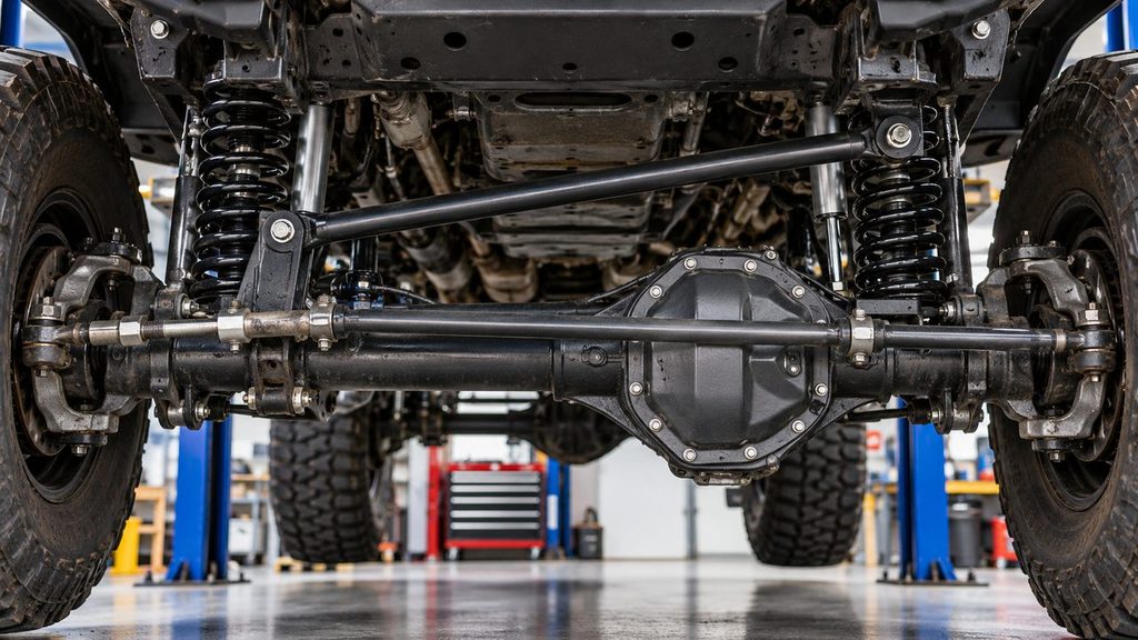 Track bar mounted across a solid front axle suspension