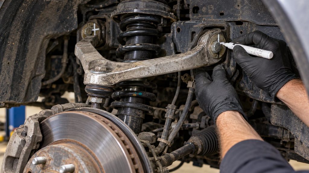 Mechanic marking upper control arm alignment cam bolt positions before removal