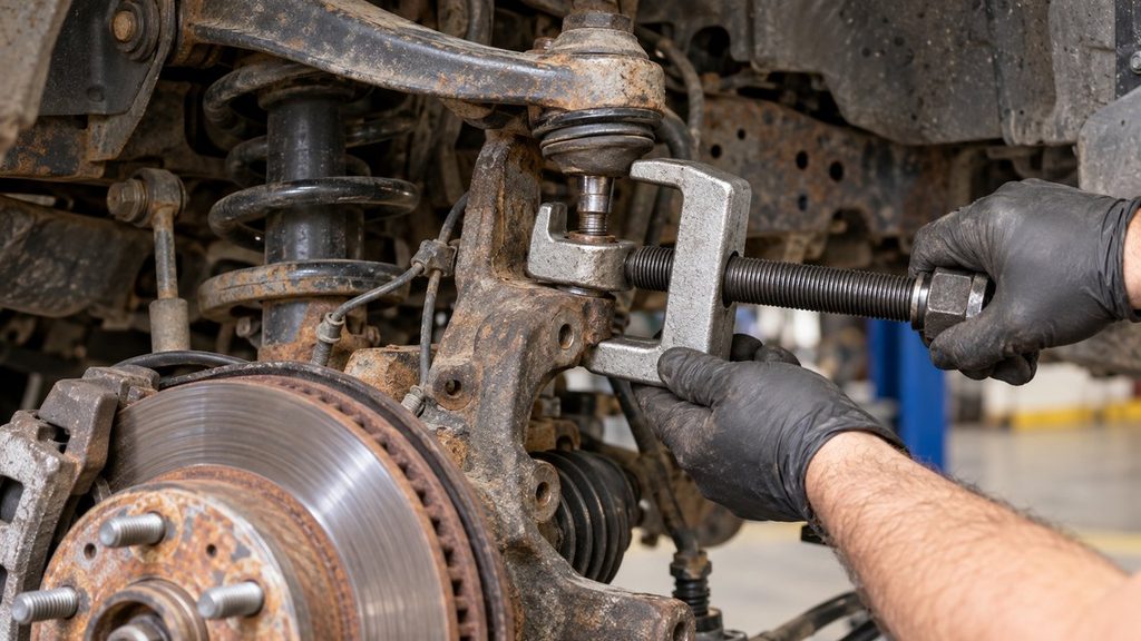 Mechanic using a ball joint separator to disconnect the upper control arm from the steering knuckle