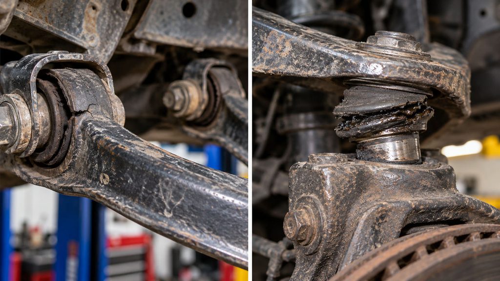 Comparison of a cracked upper control arm bushing and a damaged upper ball joint dust boot