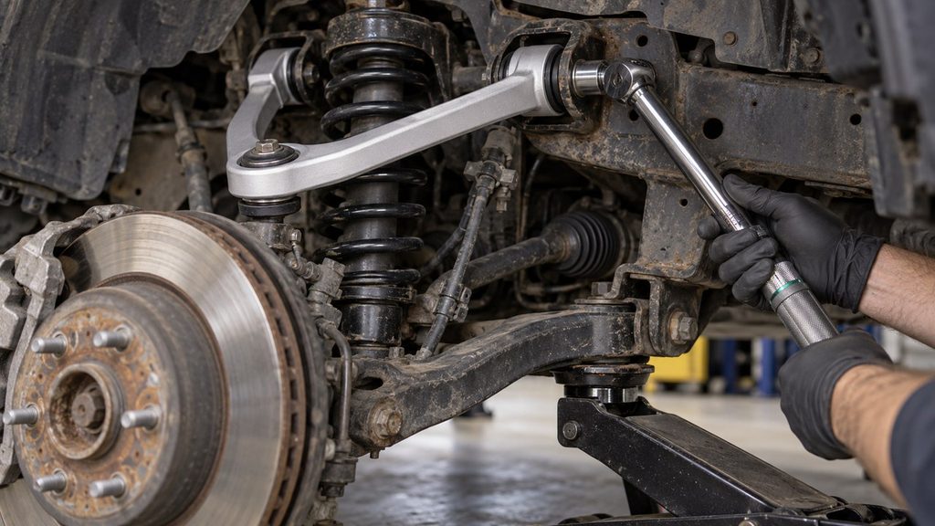 Mechanic tightening an upper control arm mounting bolt with a torque wrench during suspension repair