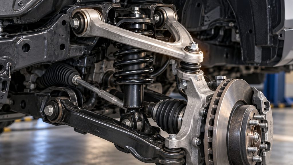 Front suspension showing the upper control arm, mounting bushings and upper ball joint