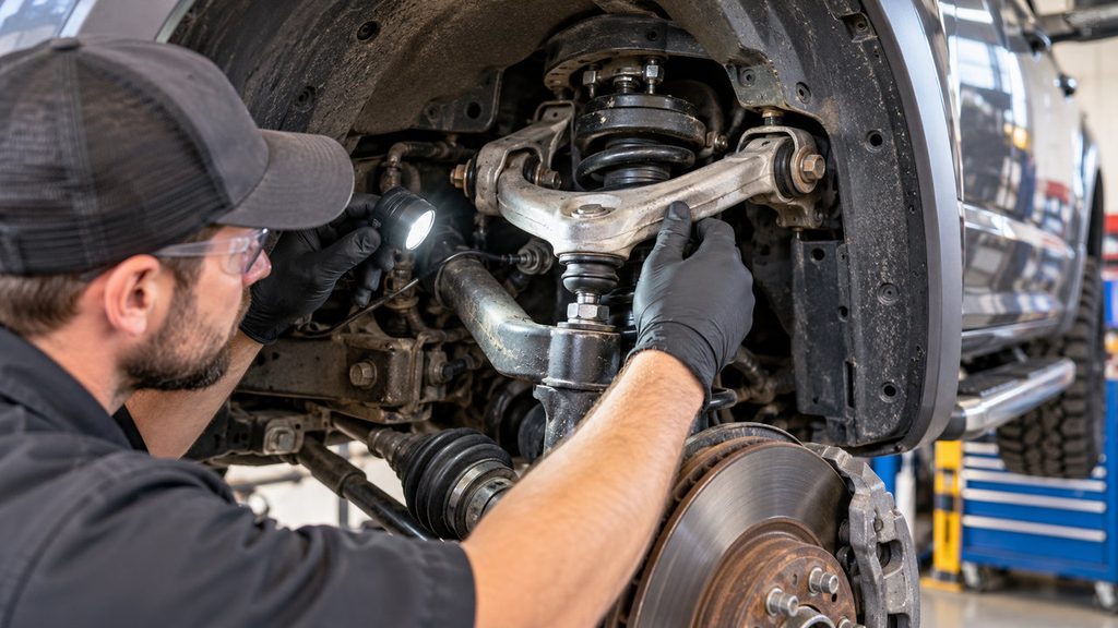 Mechanic inspecting an upper control arm and ball joint with a flashlight