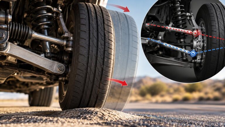 Front suspension showing wheel movement and bump steer geometry over a road bump