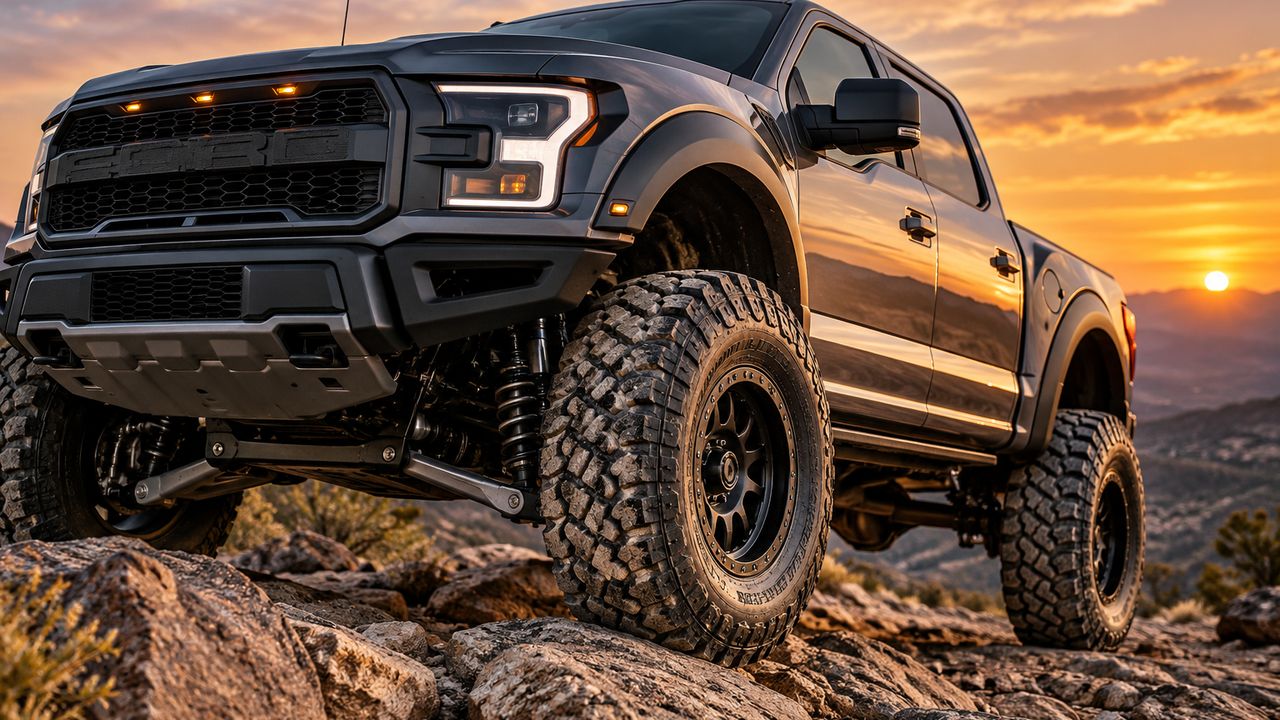 Lifted pickup truck with 37-inch off-road tires