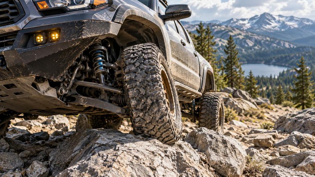 Off-road truck tire showing suspension and wheel well clearance on rocky terrain