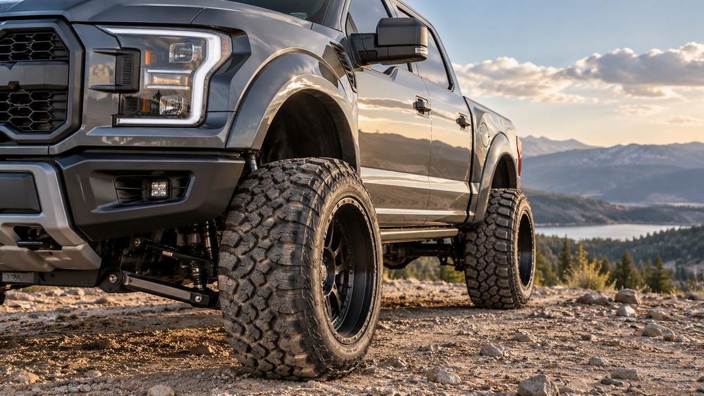Lifted off-road truck with wide wheels showing outward wheel position