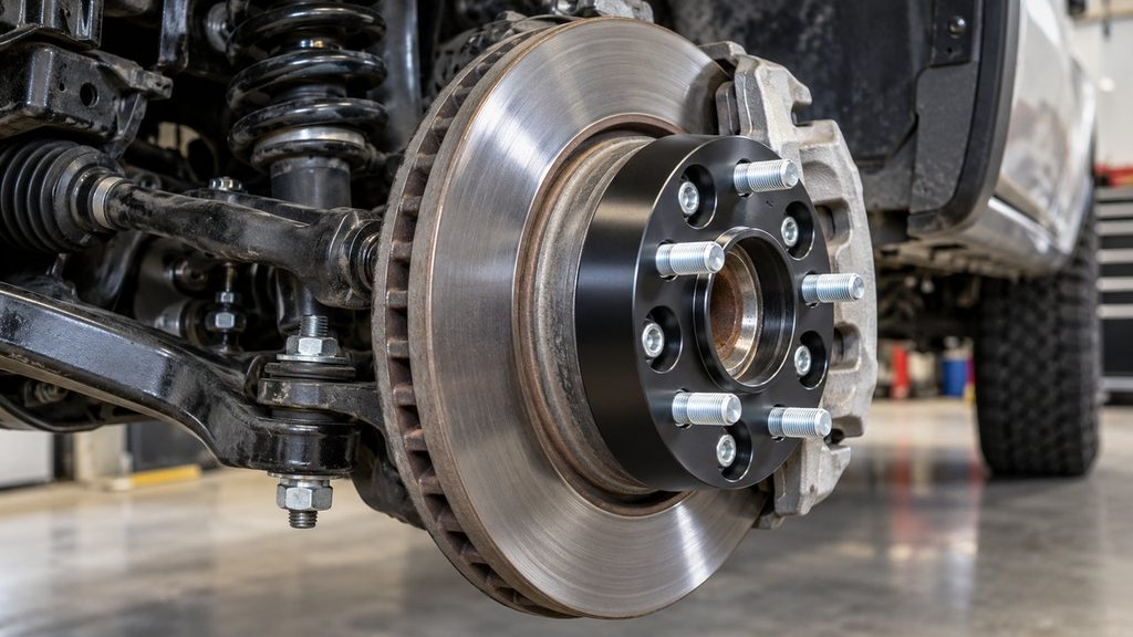 Wheel spacer installed on a truck hub and brake rotor