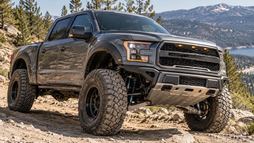 Lifted truck with wide off-road tires and outward wheel stance