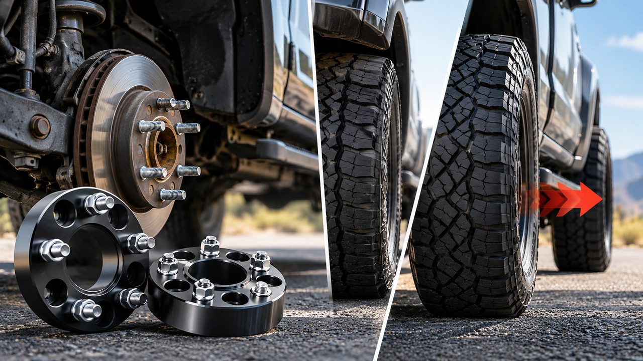 Wheel spacers installed on a truck showing wider wheel stance